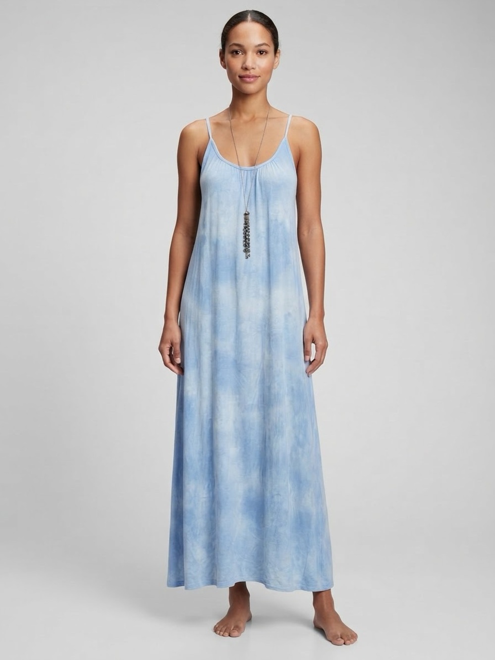 100% Cotton Sky Tie-Dye Maxi Slip Dress with Spaghetti Straps and Deep Back Sz M